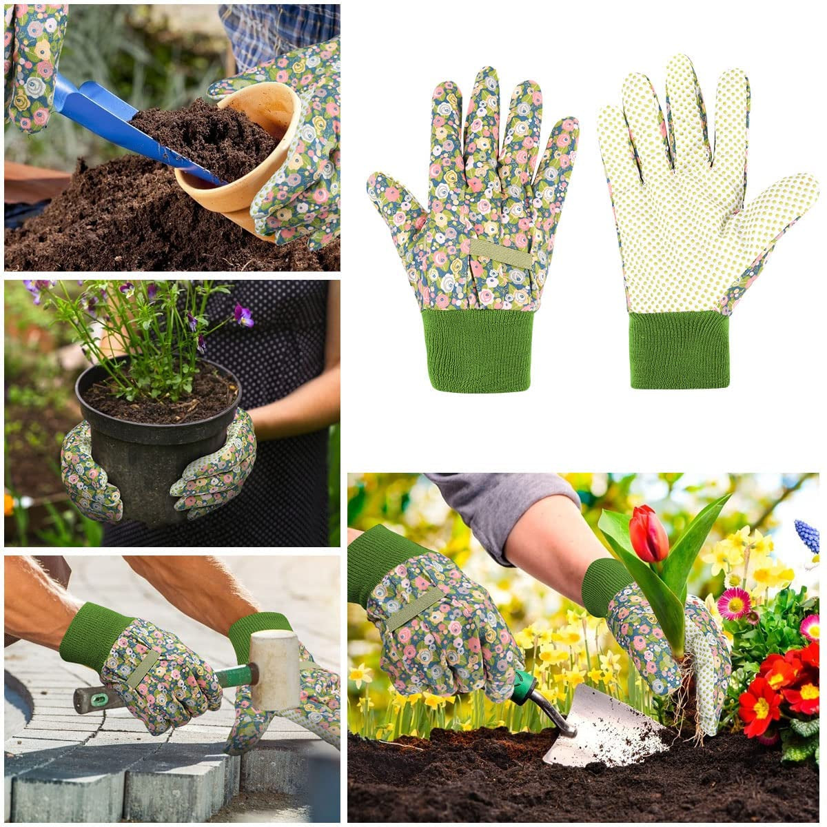 Handschuhe Für Garten, 2Er Set Gartenhandschuhe, Antirutschbeschichtung Arbeitshandschuhe, Einheitsgröße Arbeitshandschuhe Mit Pvc-Punkten Und Reißfester Canvas-Stulpe Zum Pflanz & Gartenarbeit