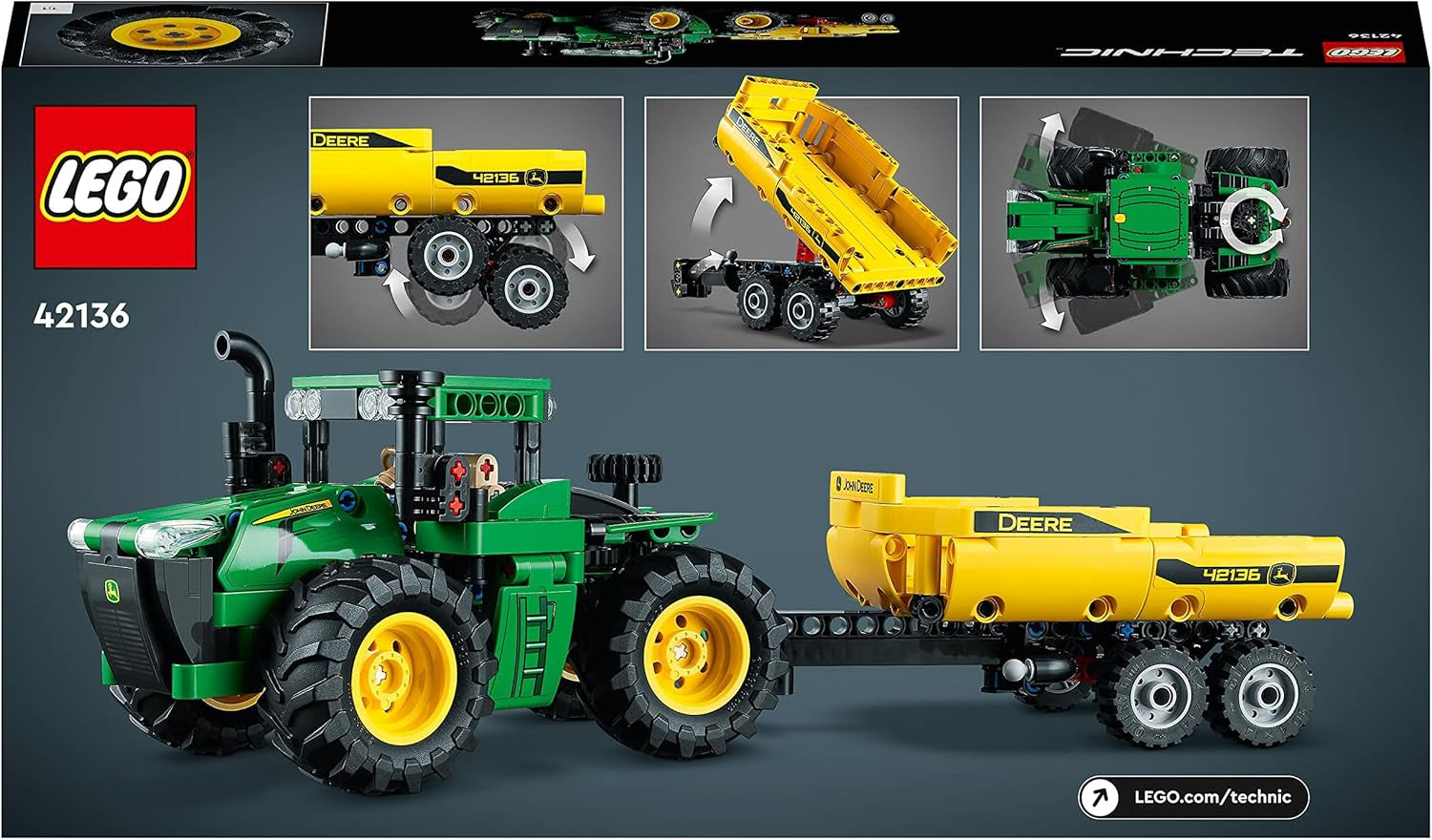 LEGO Technic John Deere 9620R 4WD Tractor with Tipper Trailer Classic Farming Toy for Kids Boys and Girls 8 Years Old Collectible Model Kit 42136 Building Sets Besuche den LEGO-Store
