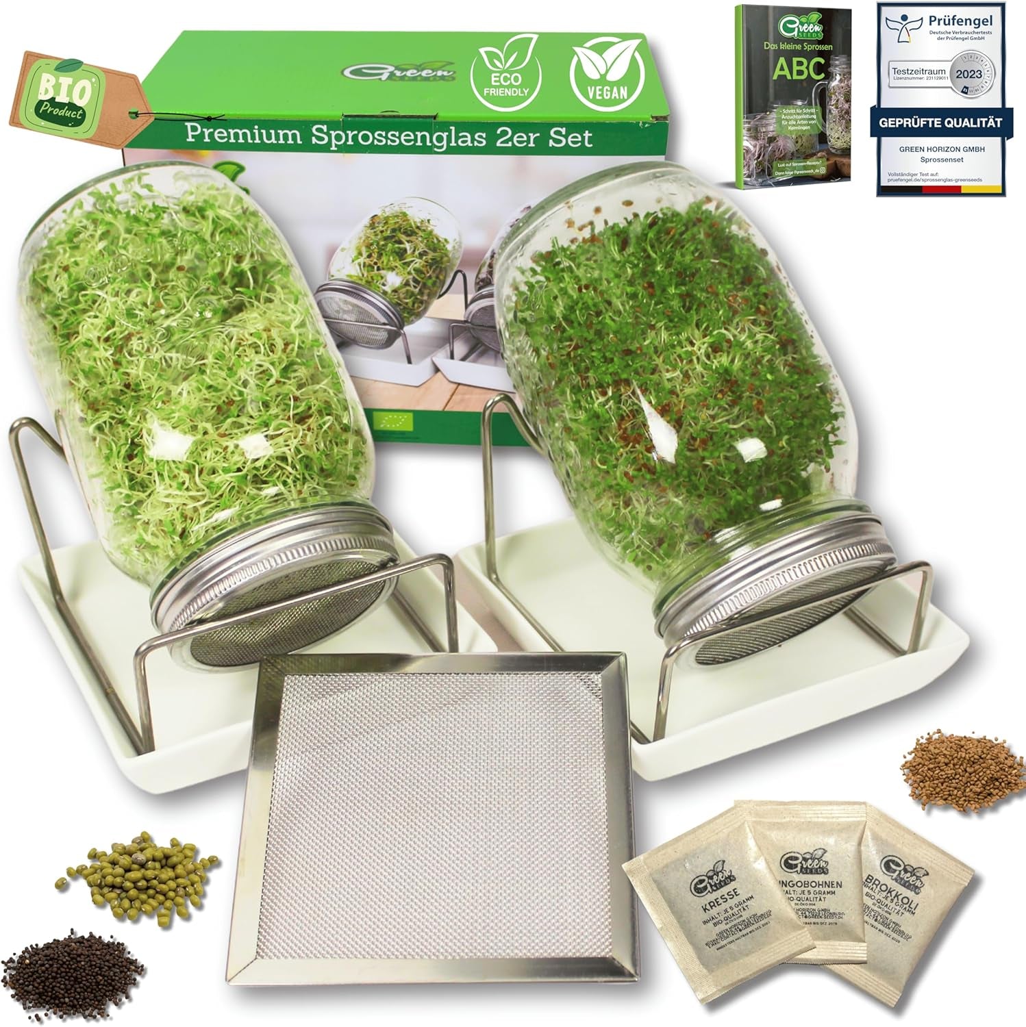 [Original starter set with sprouting jar + watercress strainer | 1000ml with High Quality Stainless Steel Mesh Cover Stand Ceramic Tray + ABC for Germination [Print Version] Seedling Tray with Germination Jar