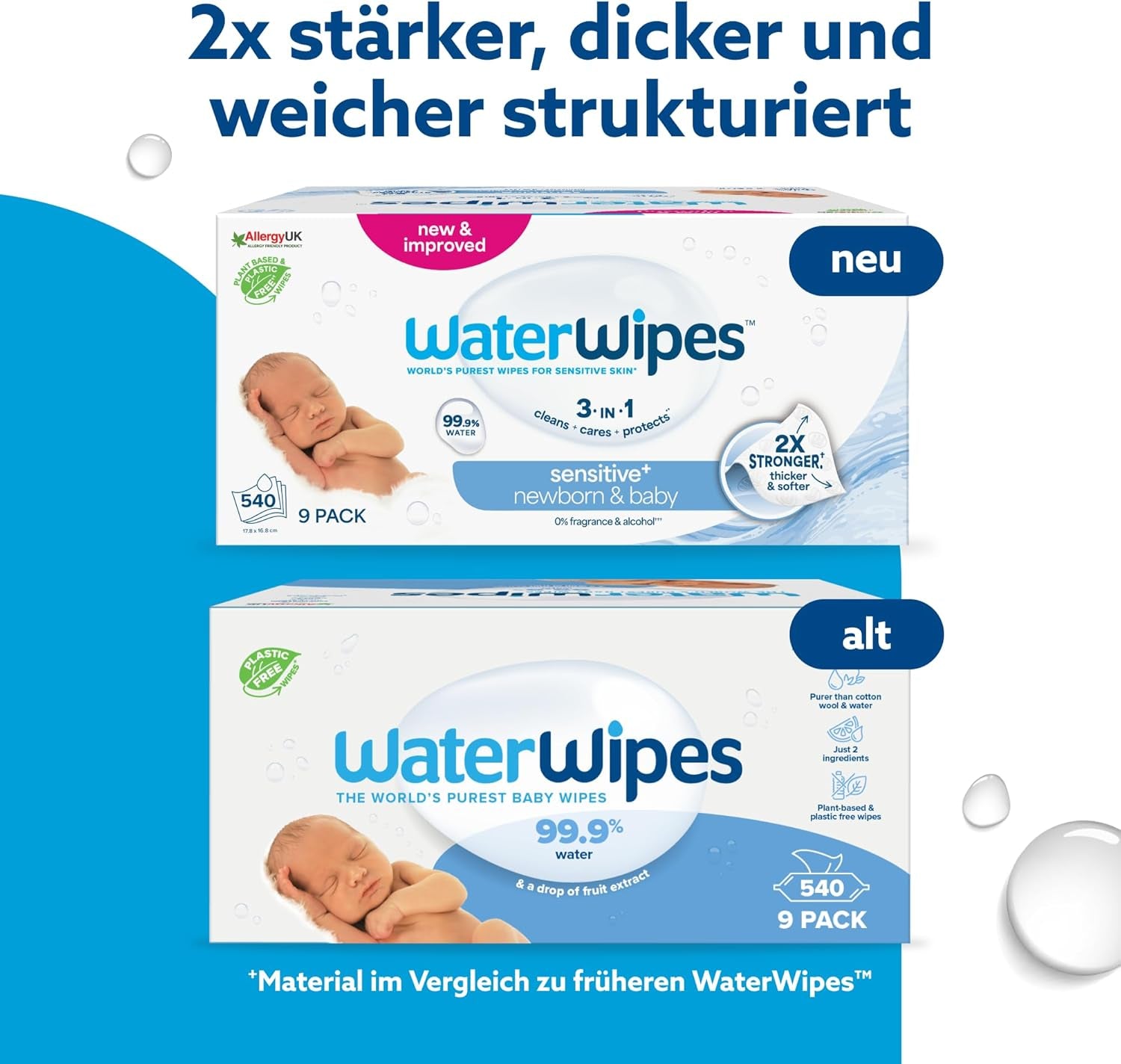 WaterWipes Sensitive+ Wet Wipes for Newborns and Babies, 540 Pieces (9 Packs), 3-in-1 Cleaning, Care, Protection, 99.9% Water, Fragrance Free
