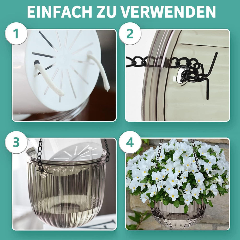 Set of 2 Self-Watering Hanging Planters, 16.5cm Indoor Hanging Flower Pot with 3 Hooks and Drainage Holes for Indoor and Outdoor Use, Ceiling, Balcony and Wall Decoration (Grey)