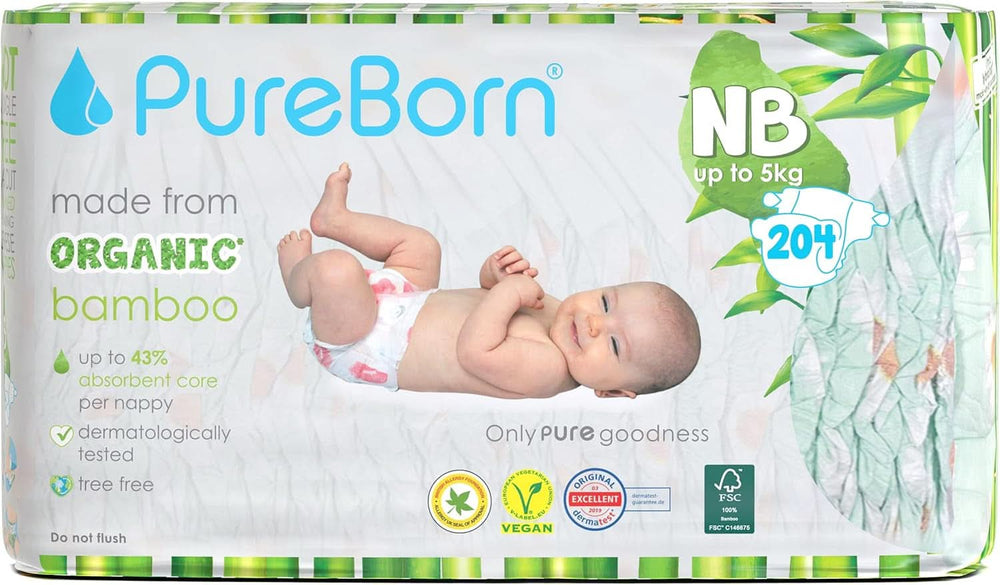 Pureborn Eco organic bamboo diapers, size for newborns up to 5 kg, ultra-soft, hypoallergenic, with moisture indicator, various prints Mother and Child Naty Shop Newborn (204 pcs)