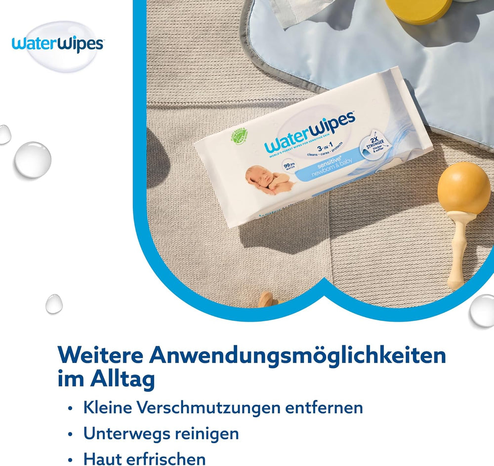 WaterWipes Sensitive+ Wet Wipes for Newborns and Babies, 540 Pieces (9 Packs), 3-in-1 Cleaning, Care, Protection, 99.9% Water, Fragrance Free