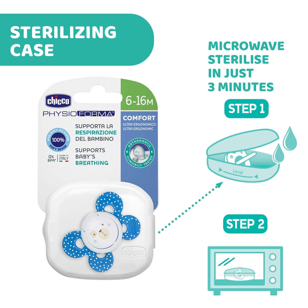 Chicco PhysioForma Comfort Suzetă 6-16 Luni, 1 Bucată, Suzetă cu Tetină din Silicon, Susține Respirația Fiziologică și Promovează Dezvoltarea Orală Corectă, Albastră