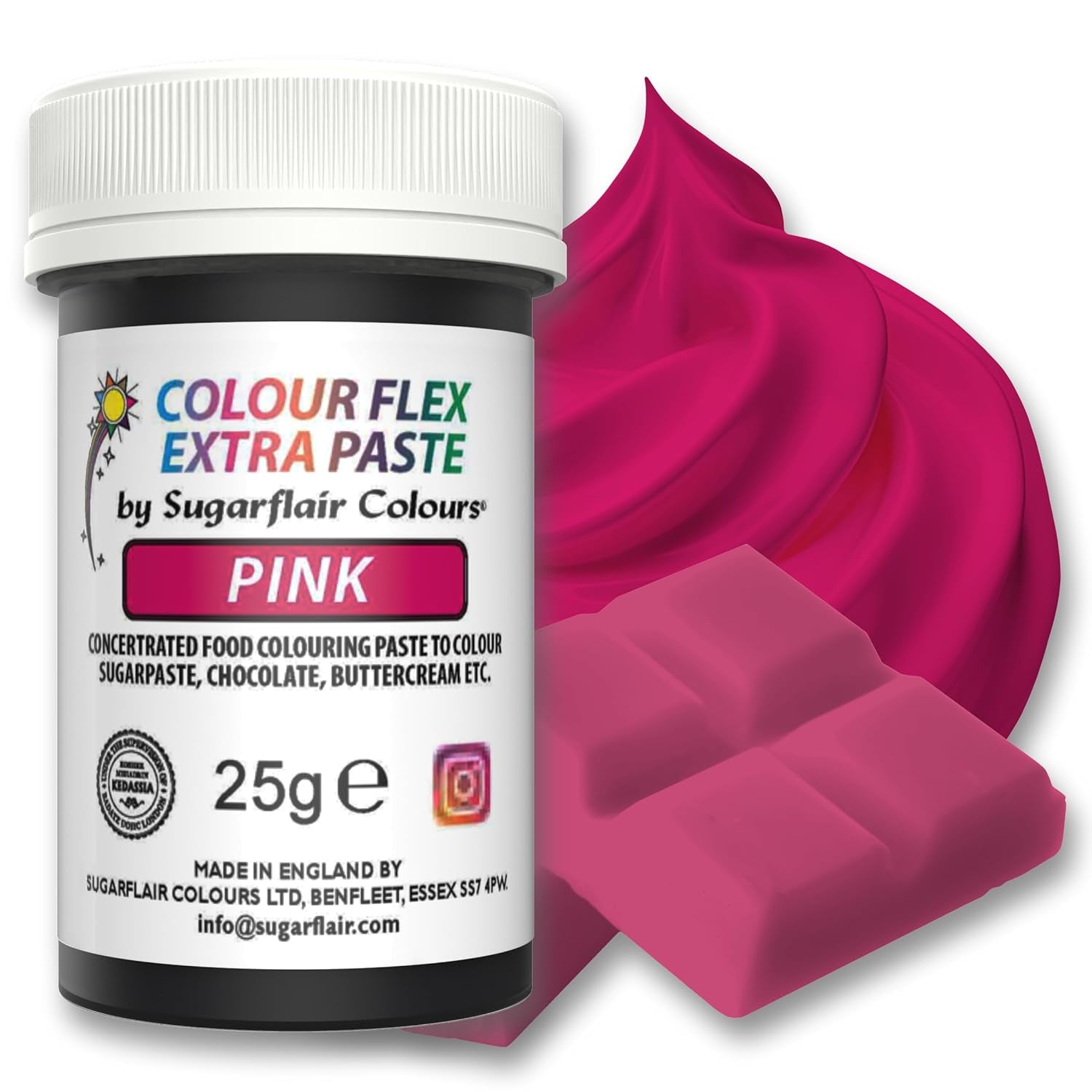 Pastă colorantă alimentară Sugarflair Colourflex Extra Paste roz - Colorant alimentar comestibil pentru cremă de unt, ciocolată, pastă de zahăr, glazură, fondant, mixuri pentru prăjituri, aluat și multe altele - 25g
