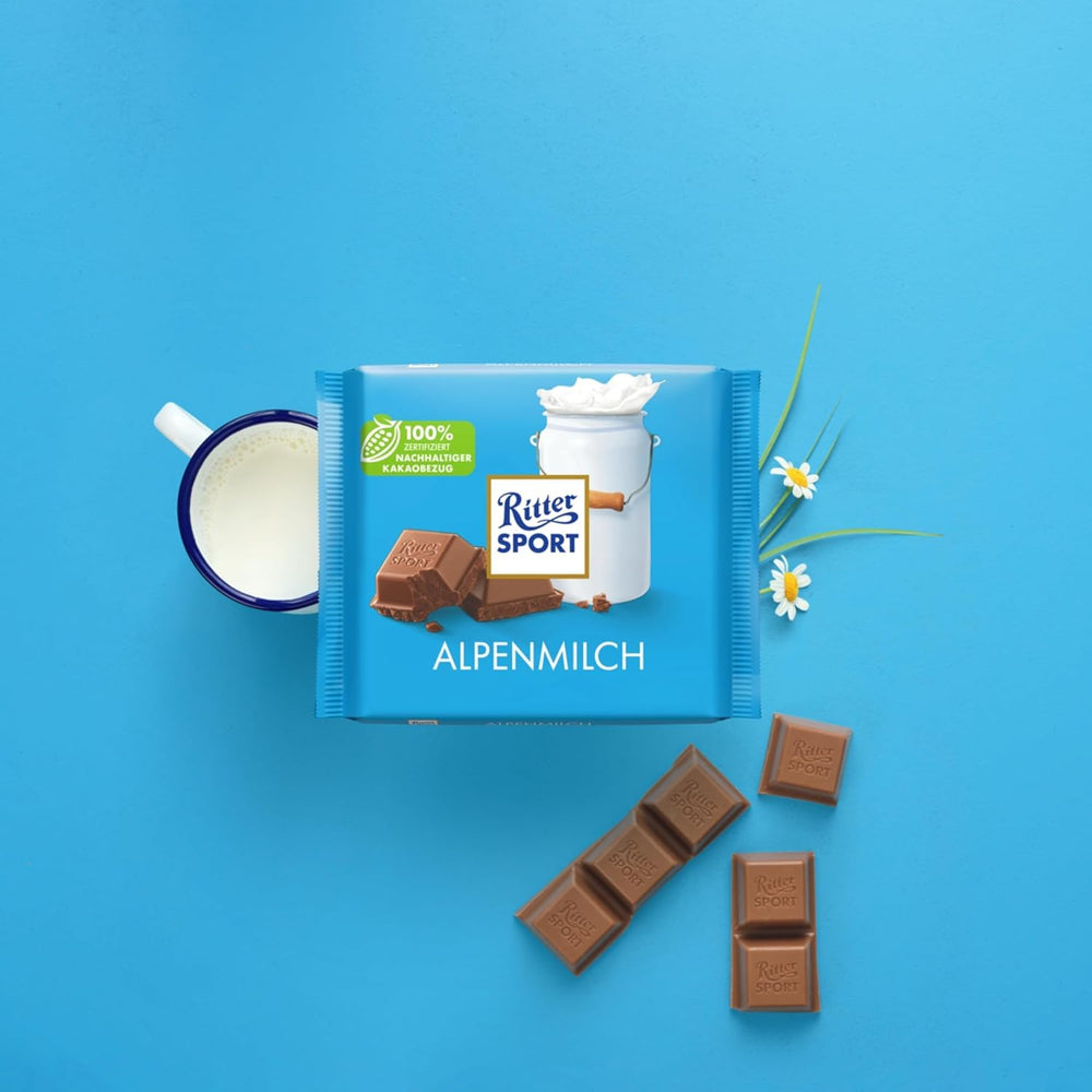 Ritter Sport 250g Alpine Milk Chocolate, The finest whole milk chocolate with a creamy taste, Classic chocolate to share with friends, 11 bars x 250g