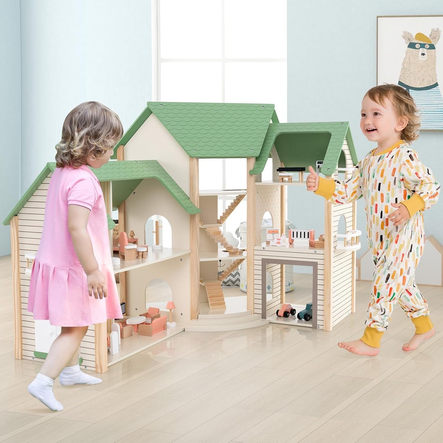 Casă de păpuși din lemn FANTASK, casă de păpuși de 83 cm înălțime cu 36 de piese de mobilier și accesorii, vilă de păpuși cu 6 camere, terasă și garaj, cadou pentru fete de la 3 ani Casute de papusi Naty Shop