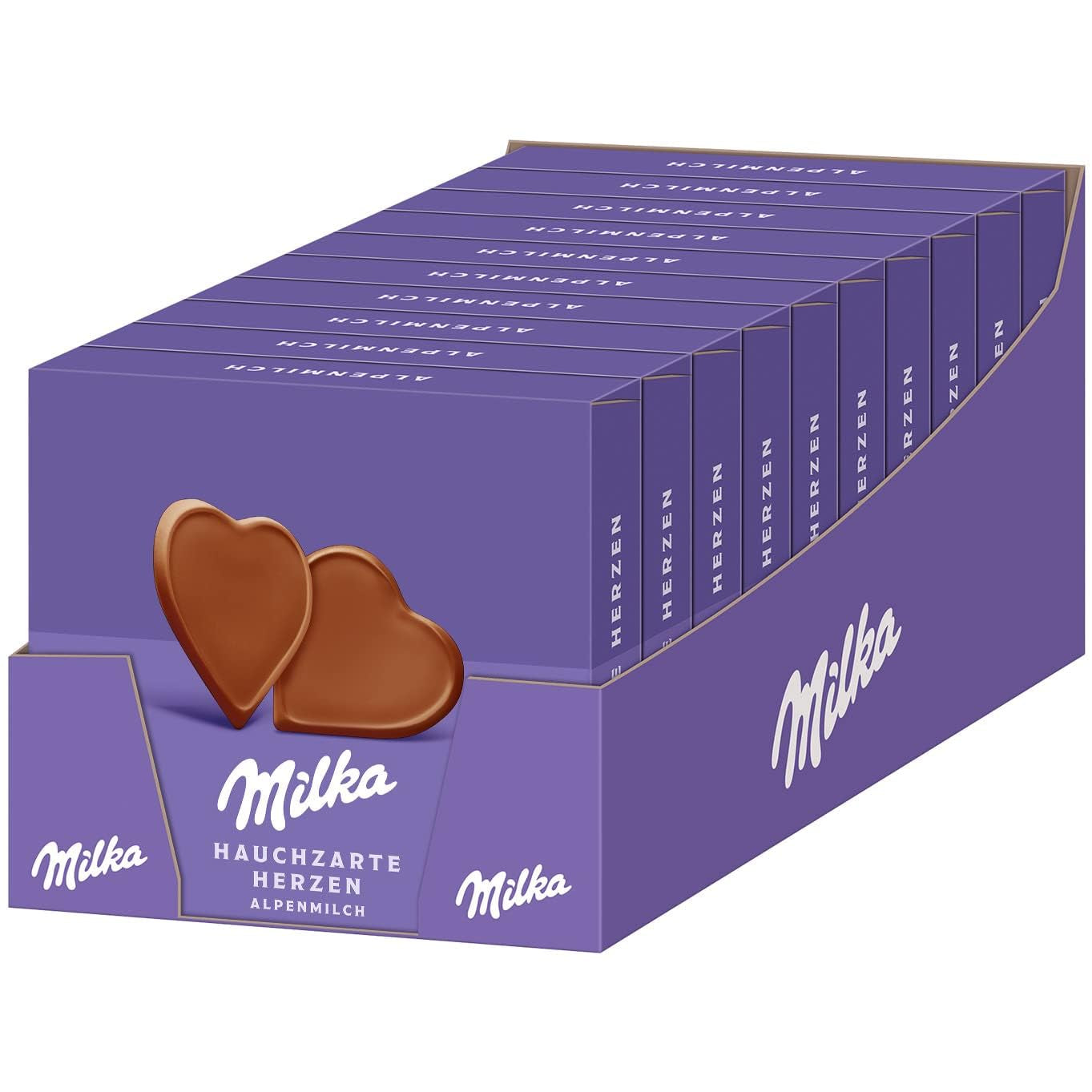 Milka I love Milka Hearts – Alpine milk chocolate that melts in your mouth and fine forest hazelnuts – 10 x 130g