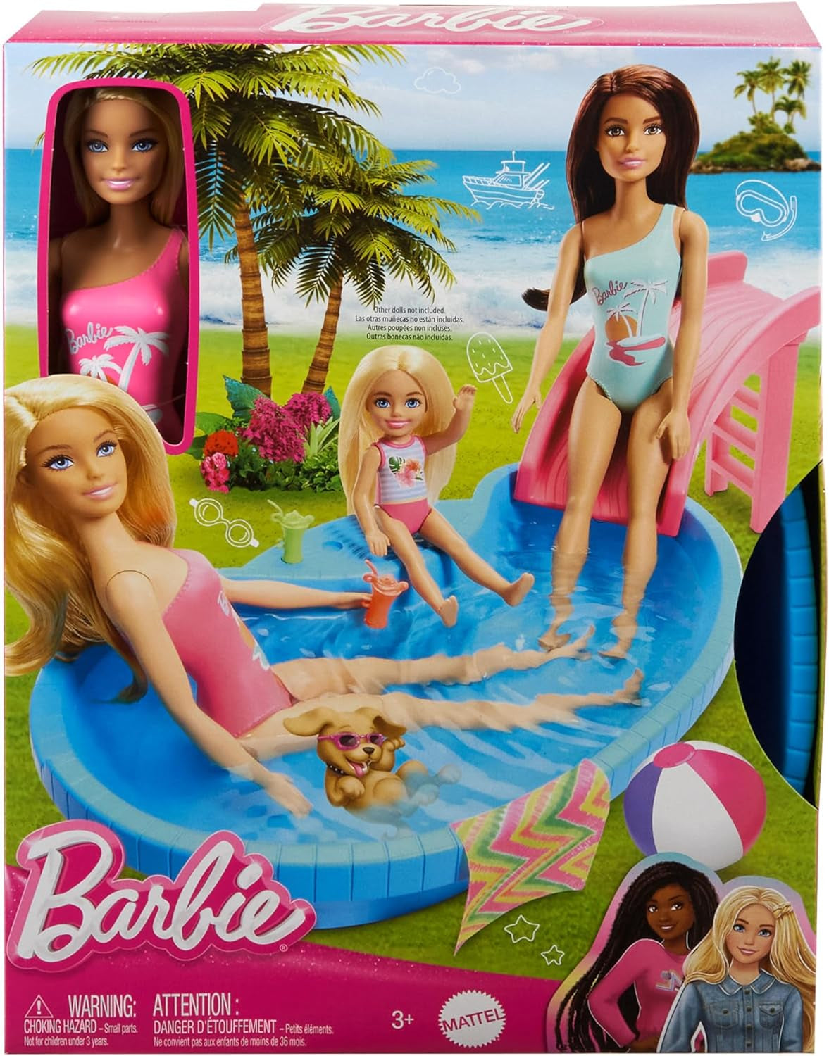 Păpușă Barbie și accesorii - piscină cu tobogan și accesorii pentru ore întregi de distracție la soare, costum de baie roz cu design tropical, pentru copii cu vârsta de 3 ani și peste, HRJ74