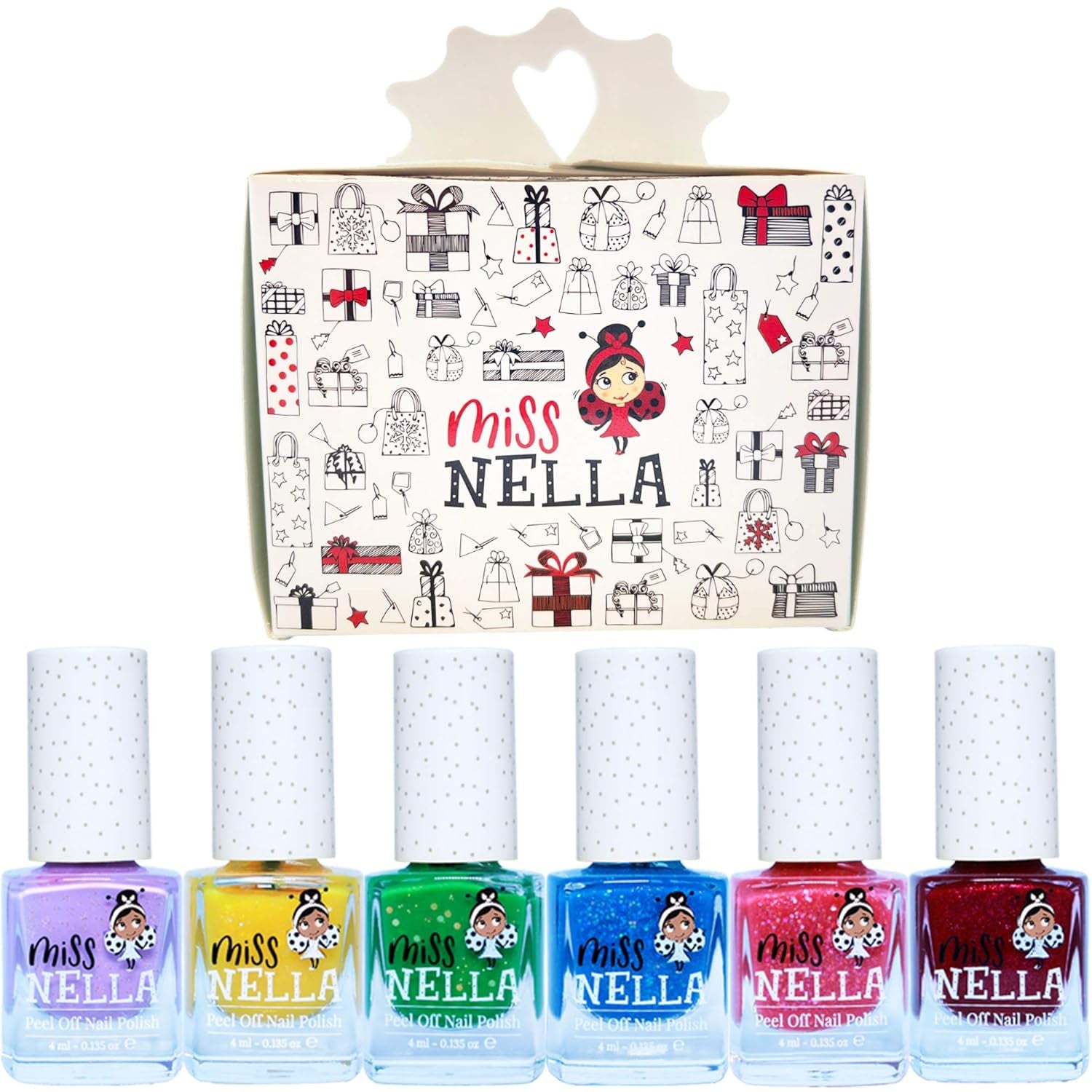 Miss Nella Magic Collection 4 Piece Glitter Nail Polish Set: Pink, Red, Gold and Blue, Kids Special Removable Nail Polish, Non-Toxic, Water-Based, Odorless