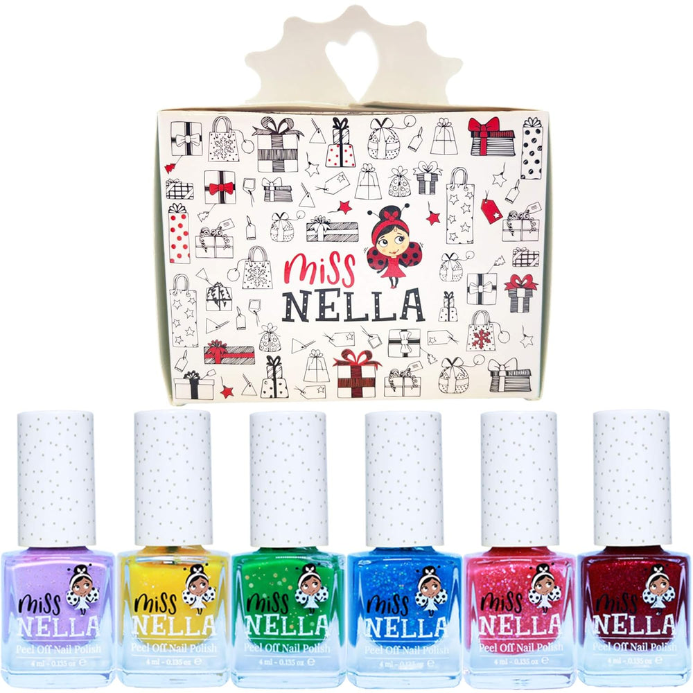 Miss Nella Magic Collection 4 Piece Glitter Nail Polish Set: Pink, Red, Gold and Blue, Kids Special Removable Nail Polish, Non-Toxic, Water-Based, Odorless