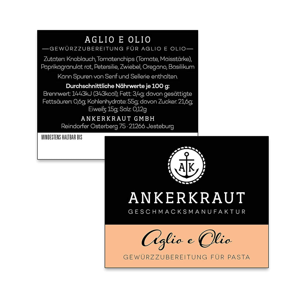 Ankerkraut Aglio e Olio, Italian Gewürzmischung for Pasta and Classic Spaghetti-Noodles, 120g in an aromatic bag