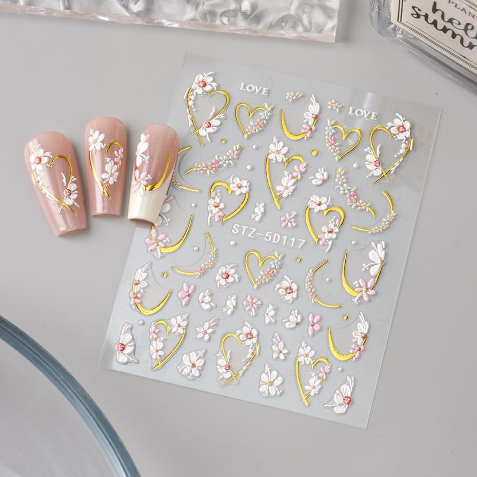 JMEOWIO 3D Nagelsticker Blume Nail Art Sticker Selbstklebend Nagelaufkleber 5D Stereoskopisch Frühling Sommer Floral Dekoration Nageldesign Zubehör 4 Blatt