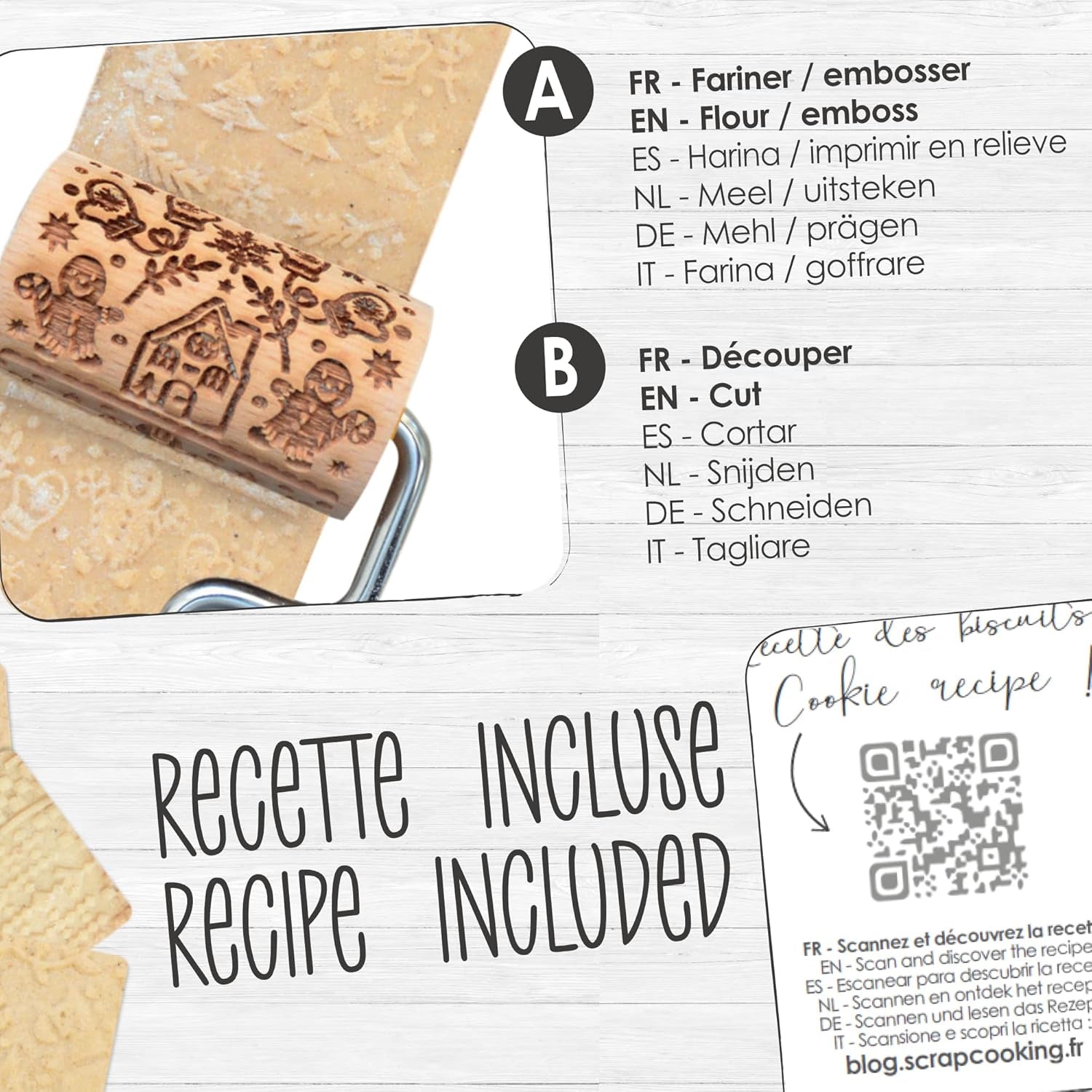 ScrapCooking 3798 Christmas Cookie Roll Set – 3 Mini-Gebäckrollen aus Holz mit Motiven – Dekos mit Prägung – Form für Kekse, Sandgestrahlt, Kekse