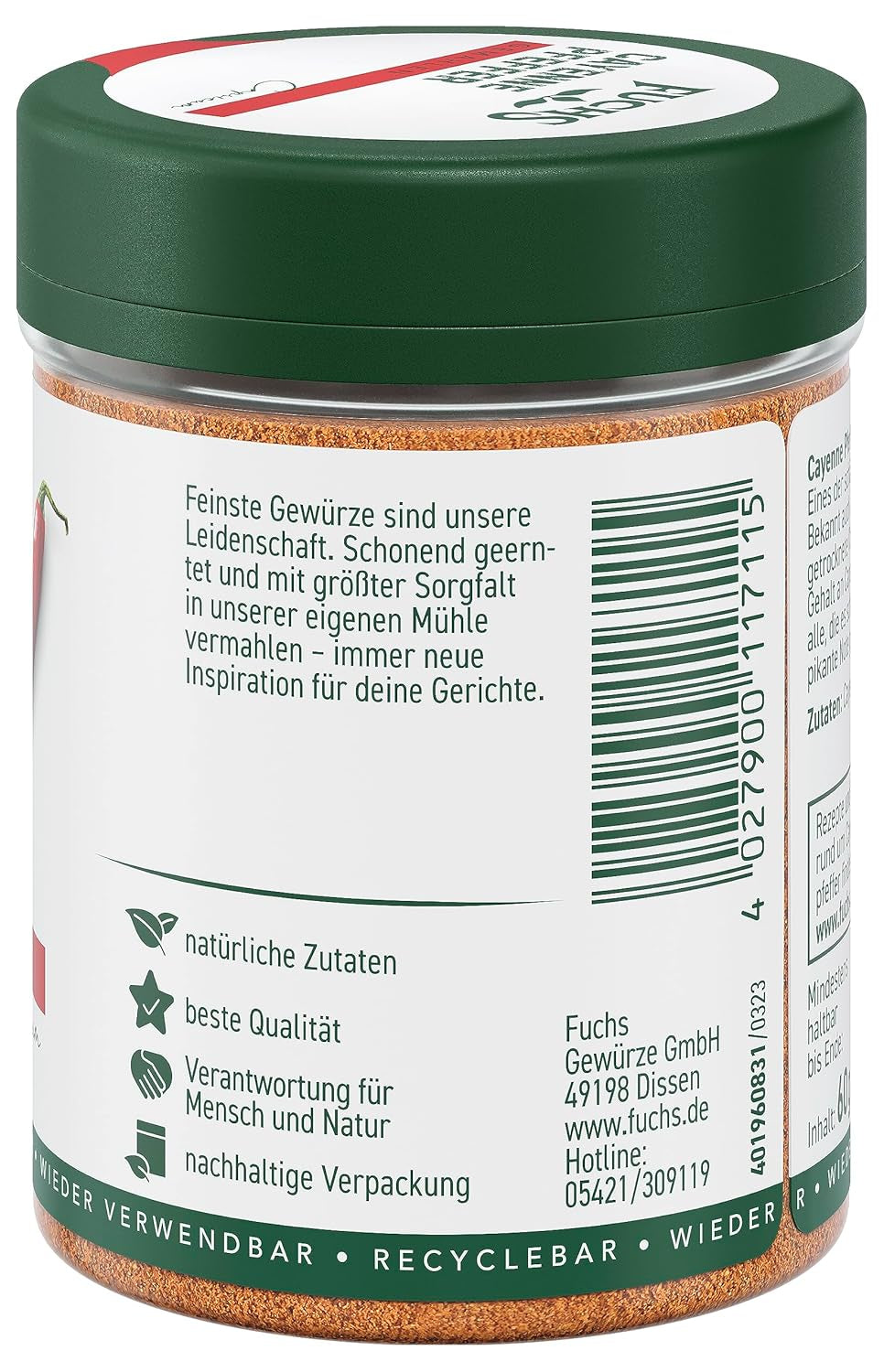 Fuchs Gewürze - Cayenne pepper gemahlen - for einen scharfen Geschmack in all kinds of dishes - natural ingredients - 60 g in wiederverwendbarer, recyclebarer Dose