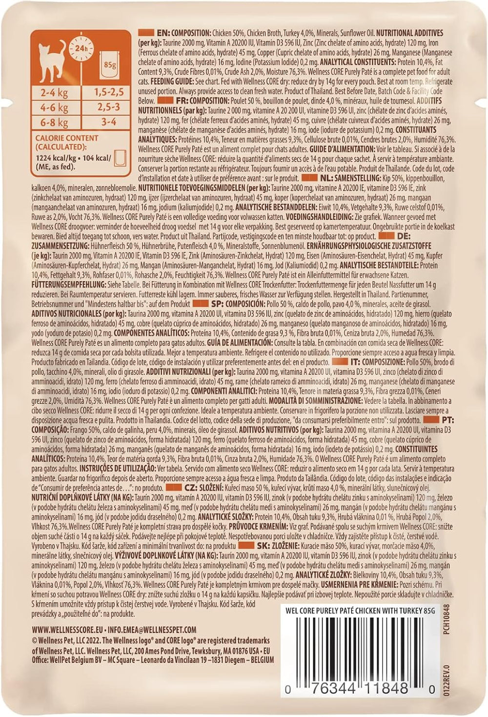 Wellness CORE Purely Paté 24 x 85g, Pui și Curcan – Hrană umedă pentru pisici, pate fin, fără cereale, natural, hipoalergenic, bogat în proteine, conținut ridicat de carne