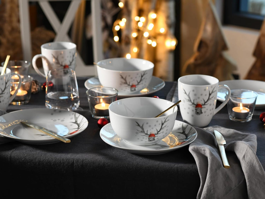 Creatable, 21498, Serie Luna Hirsch, 18-Teiliges Geschirrset Für 6 Personen, Frühstücksset Aus Porzellan, Spülmaschinen- Und Mikrowellengeeignet, Qualitätsproduktion Seturi vesela masa Naty Shop