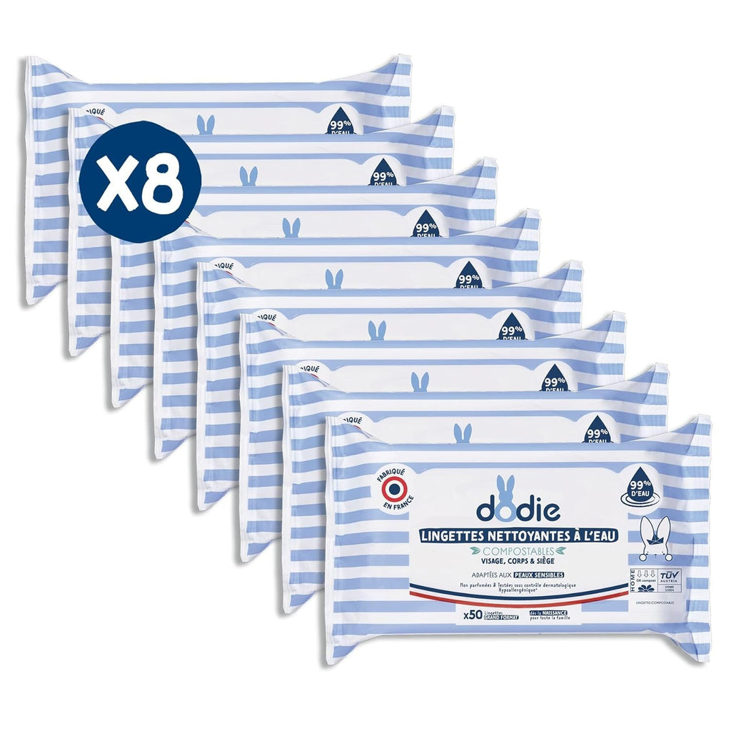 Pachet de 8 pachete de șervețele de curățare compostabile cu apă, 50 de bucăți