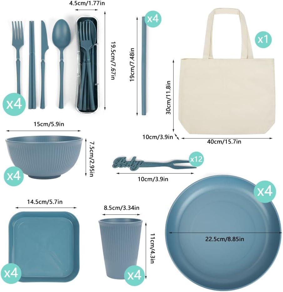 Set de veselă de camping cu 53 de piese pentru 4 persoane, veselă de camping indestructibilă pentru 4 persoane, set de veselă din plastic ușor cu geantă de transport, farfurii și boluri stivuibile, veselă de picnic pentru grătar și grădină