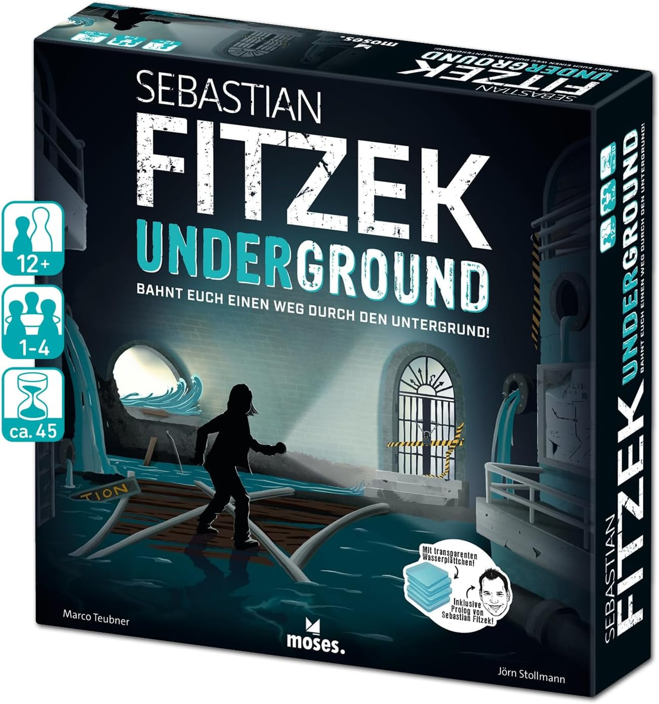 Moses. Sebastian Fitzek Underground, an innovative 3D thriller game for fans of escape games, a cooperative board game by Marco Teubner with different difficulty levels, for ages 12 and up.