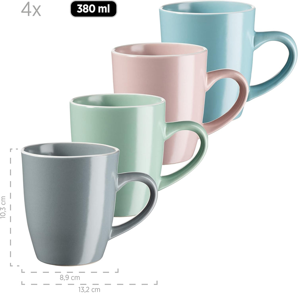 MÄSER 934006 Seria Elissa, Set de veselă modern pentru 4 persoane în glazuri mate colorate cu margine albă, Set combinat de 16 piese, Gresie, Multicolor, Gri, Turcoaz, Roz, Verde