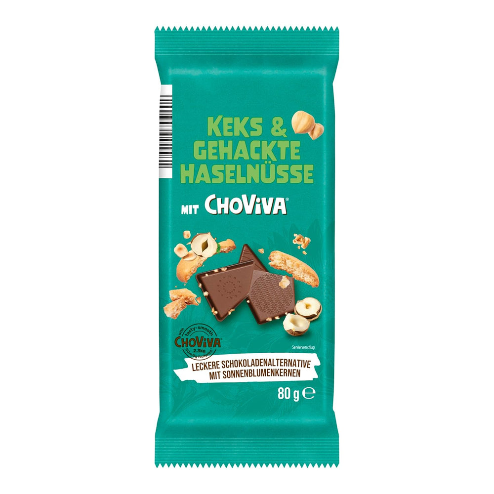 Salted Butter Biscuits and ChoViva, 80g bar, made from alternative chocolate with sunflower seeds