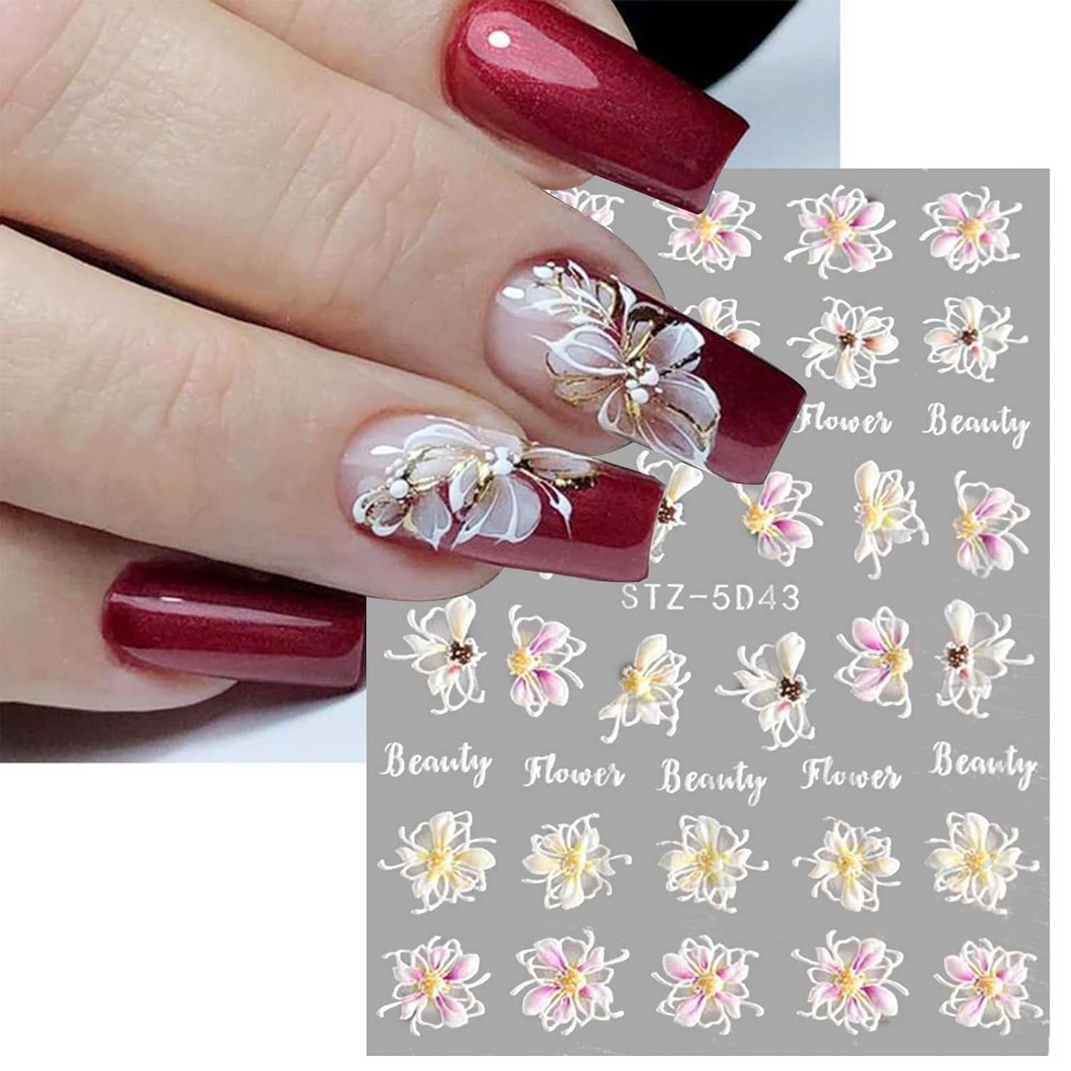 JMEOWIO 3D Nagelsticker Frühling Blume Nail Art Sticker Selbstklebend Nagelaufkleber 5D Stereoskopisch Blumen Dekoration Nageldesign Zubehör 4 Blatt