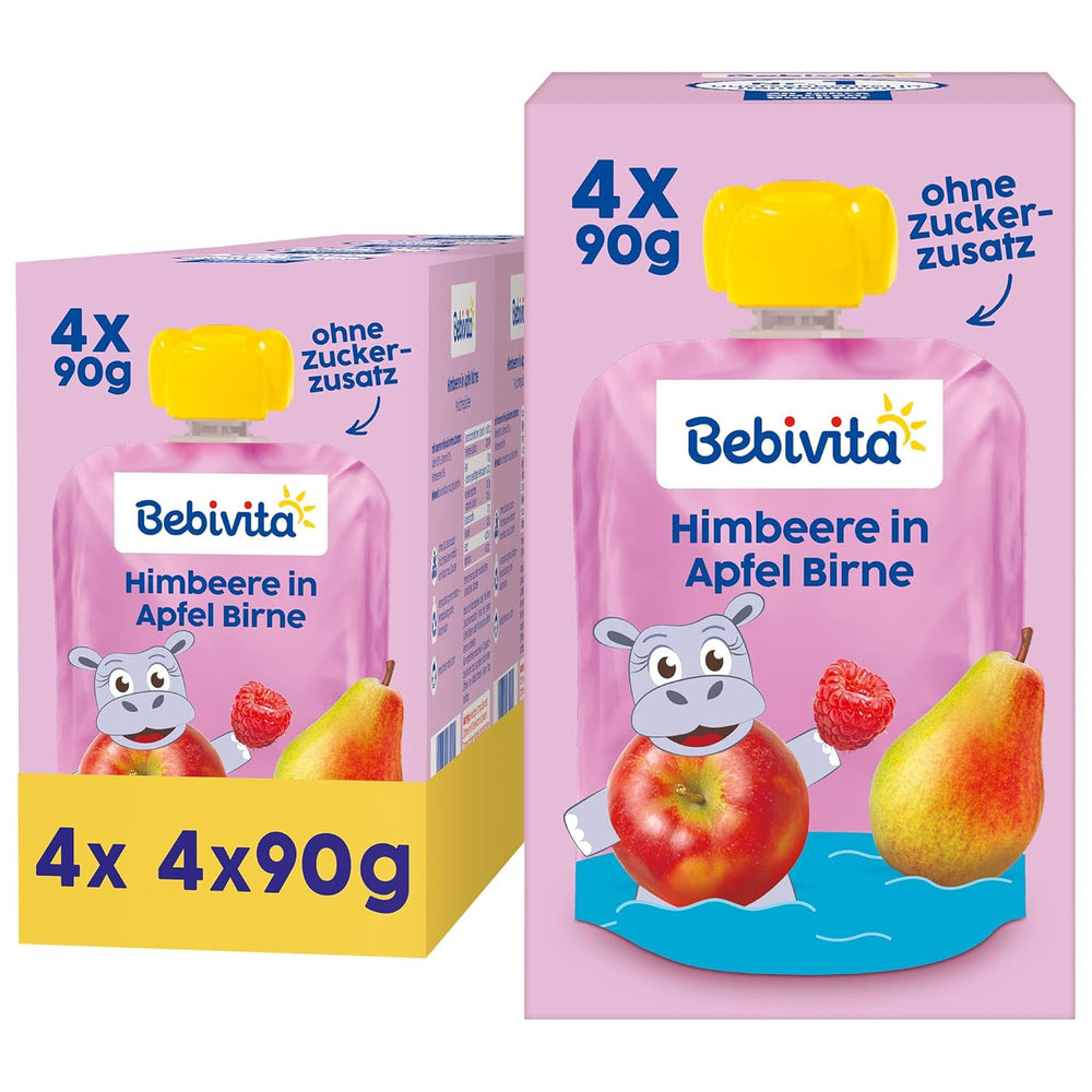 Himbeere in Apfel Birne Quetschie – 16 Stück (4er Pack, je 4 x 90g), ohne Zuckerzusatz, glutenfrei, ideal für unterwegs und selbständiges Snacken