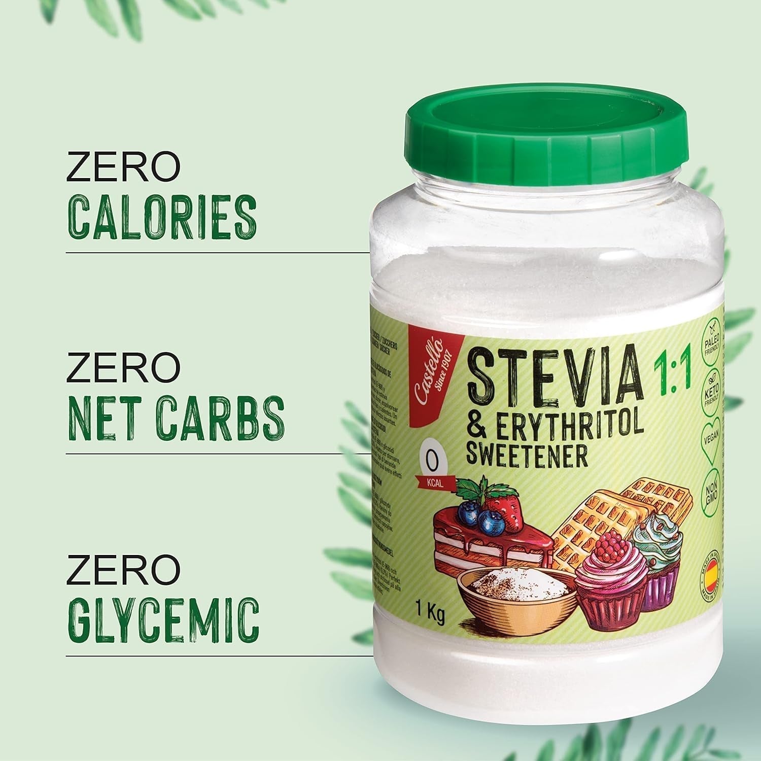 Stevia + Erythritol 1:1 Süßstoff | 1G = 1G Zucker | 100% Natürlicher Zuckerersatz - 0 Kalorien - 0 Glykämischer Index - Keto Und Paleo - 0 Netto-Kohlenhydrate - Kein GVO - Castello since 1907-1 Kg Sweeteners Naty Shop