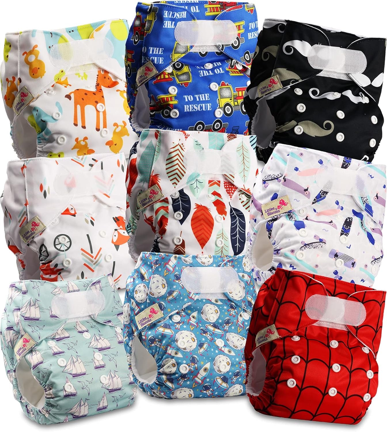 Littles and Bloomz Reusable Diaper FLV2-0602, Standard Hook and Loop Closure, 6 Diapers