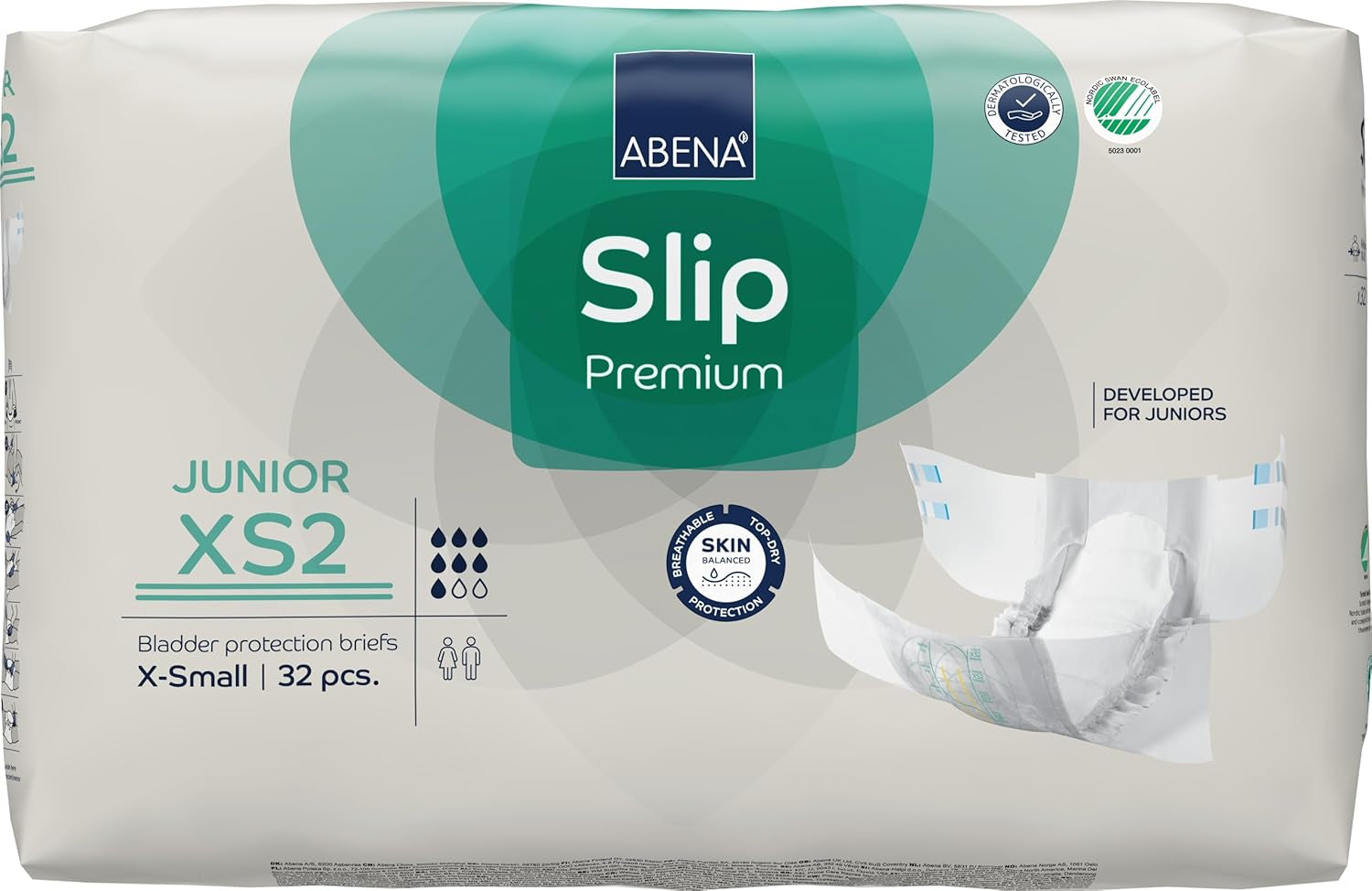 Premium Junior Slip Diapers, Eco-labelled, Enhanced Leak Protection, Safe & Comfortable Baby Diapers - Size 7/XS2, Waist Circumference 40-60cm, Ages 5-15 Years, 1 x 32 Pack