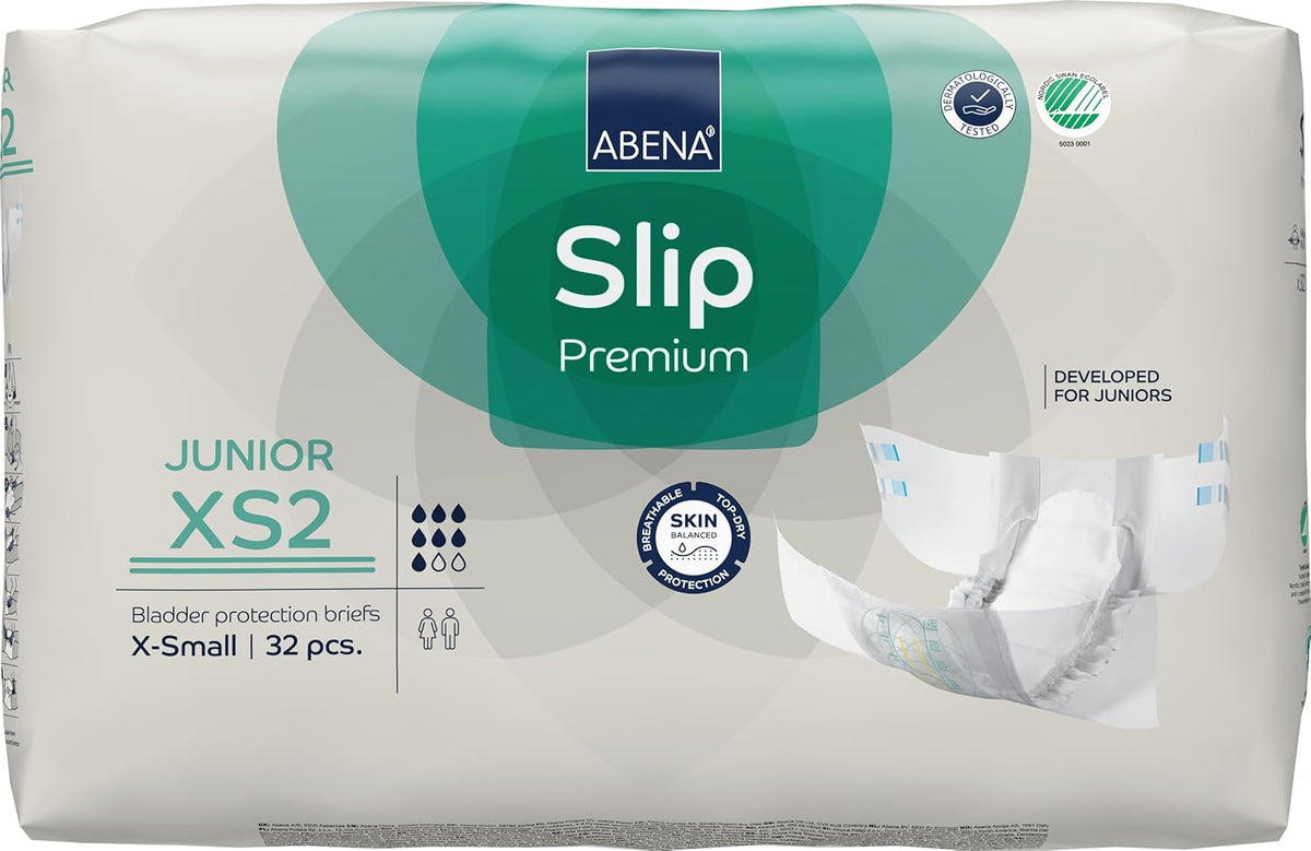 Premium Junior Slip Diapers, Eco-labelled, Enhanced Leak Protection, Safe & Comfortable Baby Diapers - Size 7/XS2, Waist Circumference 40-60cm, Ages 5-15 Years, 1 x 32 Pack