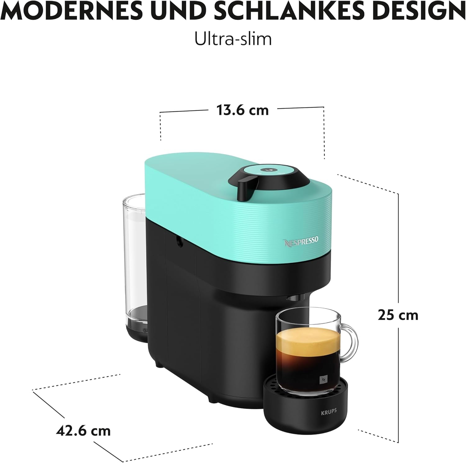 Espressor cu capsule Nespresso Krups Vertuo Pop, capacitate: 560 ml, recunoaștere automată a capsulelor, sistem one-touch, 4 dimensiuni de cești, timp de încălzire scurtat, sustenabil, Aqua Mint, XN9204