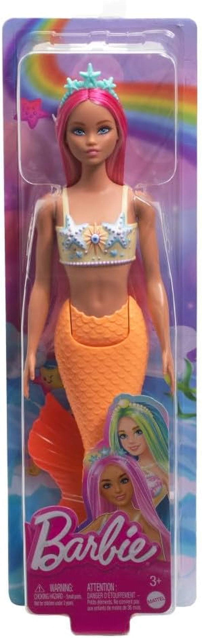 Păpușă Barbie Sirenă cu Păr și Bentiță Roz Fantezie, Păpușă cu Stea de Mare în Vârf și Înotătoare Codală Portocalie Moale, HRR05