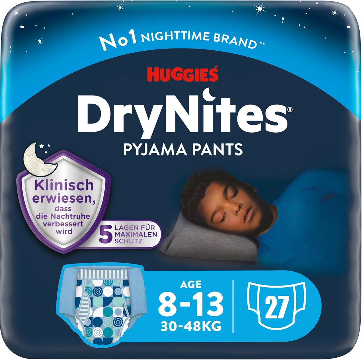 Huggies DryNites Super Absorbent Night Wetting Diapers for Boys 8-13 Years (30-48kg) 27 Count (3 x 9 Count) Panty Diapers