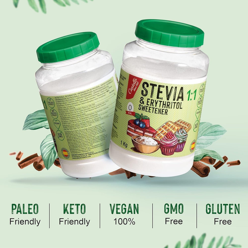 Stevia + Erythritol 1:1 Süßstoff | 1G = 1G Zucker | 100% Natürlicher Zuckerersatz - 0 Kalorien - 0 Glykämischer Index - Keto Und Paleo - 0 Netto-Kohlenhydrate - Kein GVO - Castello since 1907-1 Kg Sweeteners Naty Shop