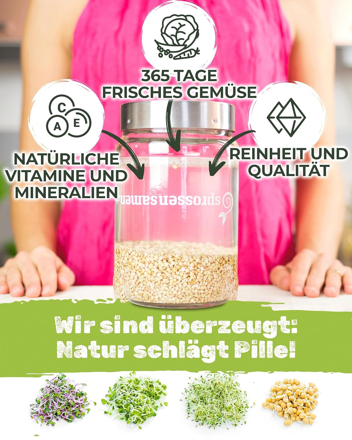 Germination jar set 3100 ml with gift set - Organic Fitness Mix, Power Mix and Detox Mix, 75 g each - Germination jar - incl. jar lid, stand and strainer