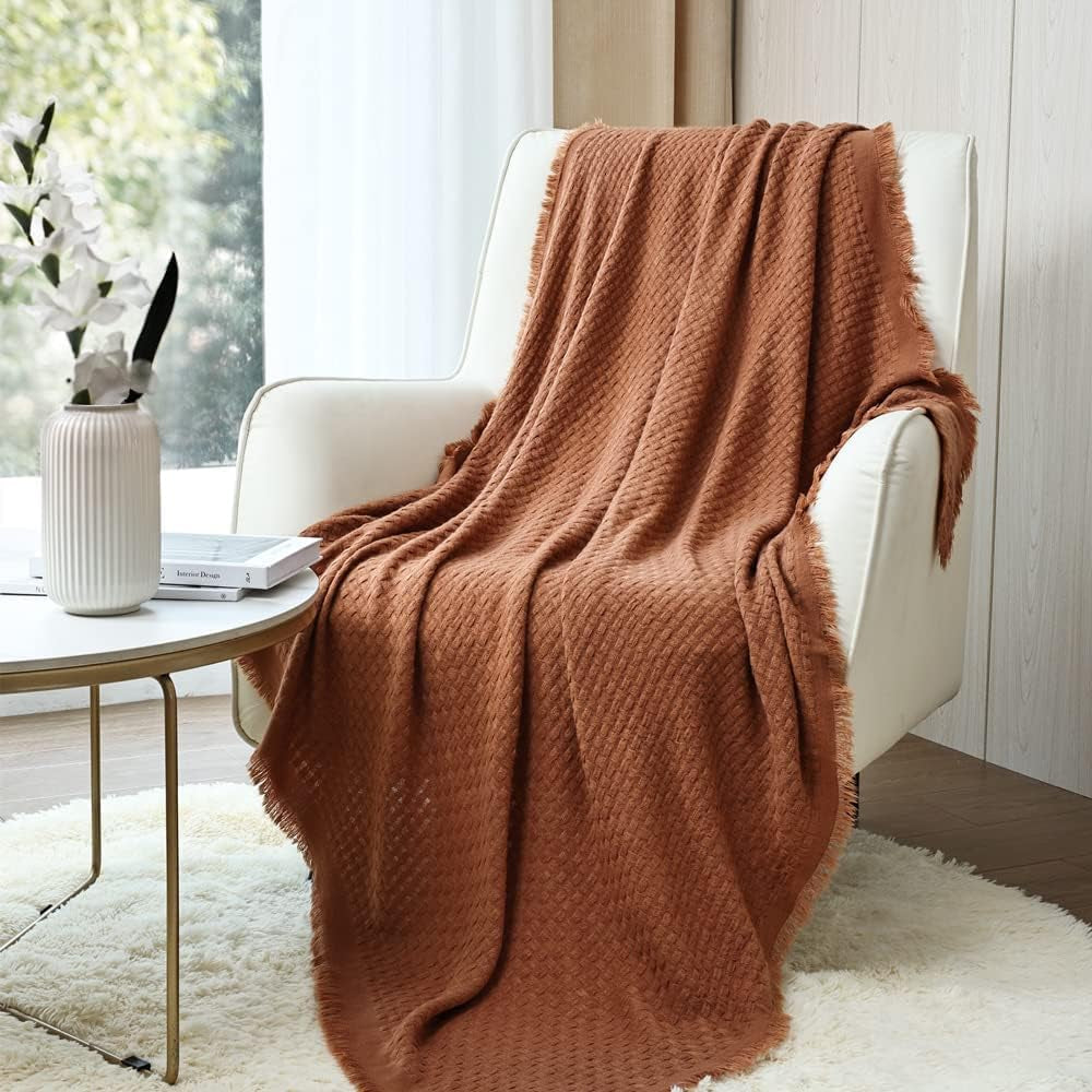 CREVENT Rust Knitted Blanket for Couch Couch Chair Bed Home Decor Soft Warm Cozy Lightweight Spring Summer Fall (127.8 X 152.4 cm Caramel / Brown / Burnt Orange) CREVENT Caramel Waffle Beds and Blankets