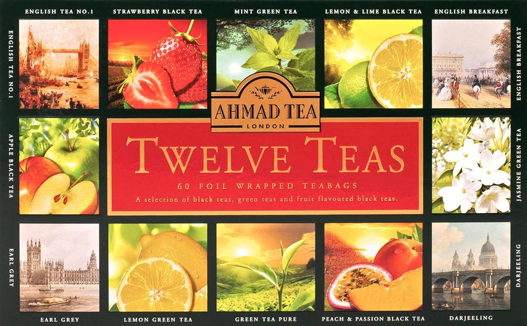 Ahmad Tea Twelve Teas – 12 sortimente de ceai negru și verde cu diferite arome – 60 pliculețe de ceai ambalate individual, sigilate pentru păstrarea aromelor, 120 g ceai