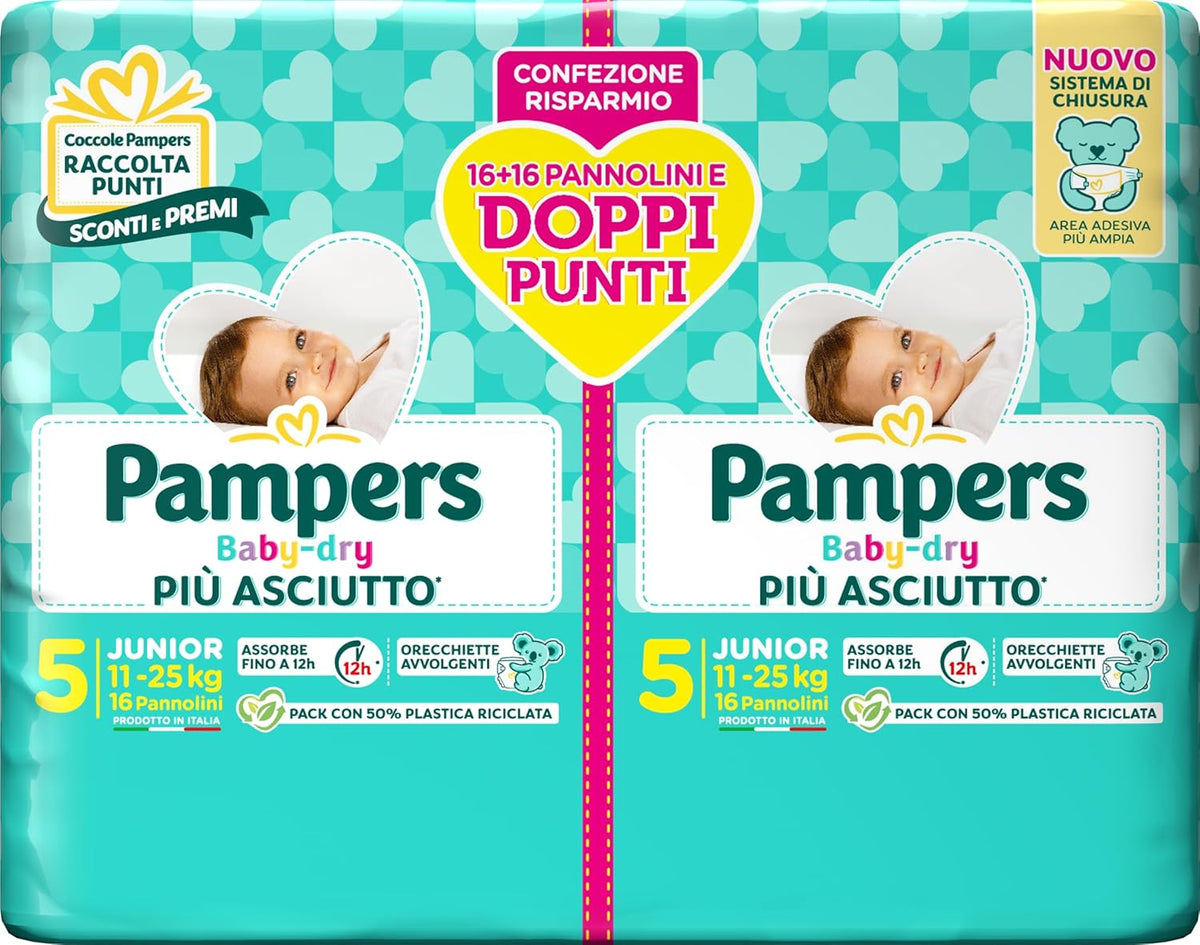 Pampers Baby Dry Junior DWCT Diapers, Twin Pack, Size 5 (11-25 kg), 32 Diapers