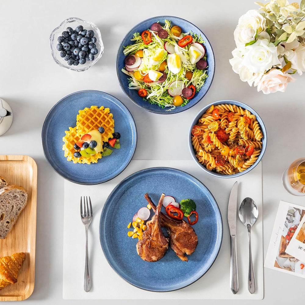 Steingut Geschirrset 6 Personen, vancasso ANYA Blau Teller Set Modern 24 teilig,Tafelservice mit Speiseteller, Suppenteller, Desserttellern, Schüsseln, Geschirr Set Spülmaschinen und Mikrowellenfest