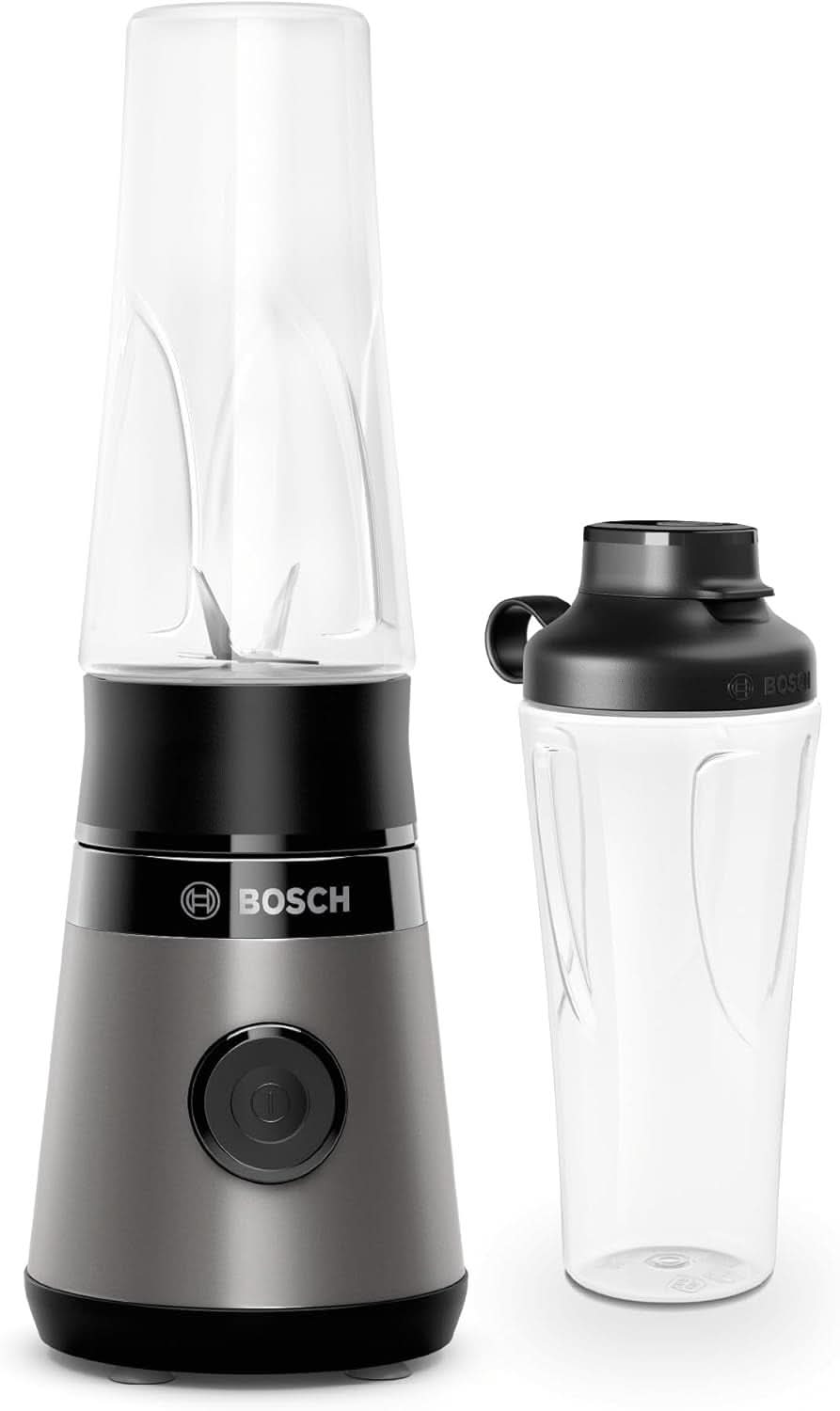 Bosch Mini-Standmixer Vitapower Serie 2 MMB2111S, Highspeed-Mixer, Bis Zu 40,000 Rpm, Tritan Togo-Flasche 0.6 L, Trinkdeckel, Bruchsicher, Spülmasch.Geeignete Teile, 450W, Silber/Schwarz Kitchen Naty Shop Single Schwarz