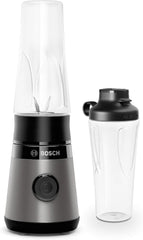Bosch Mini-Standmixer Vitapower Serie 2 MMB2111S, Highspeed-Mixer, Bis Zu 40,000 Rpm, Tritan Togo-Flasche 0.6 L, Trinkdeckel, Bruchsicher, Spülmasch.Geeignete Teile, 450W, Silber/Schwarz Kitchen Naty Shop Single Schwarz