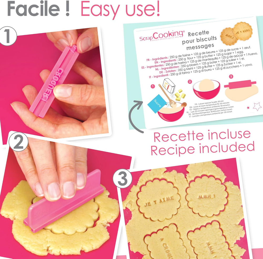 ScrapCooking 3700392420413 Set de ștampile pentru fursecuri, numere și litere – Pentru fondant, fursecuri, copt – Forme de tăiat decorate personalizate, plastic, roz