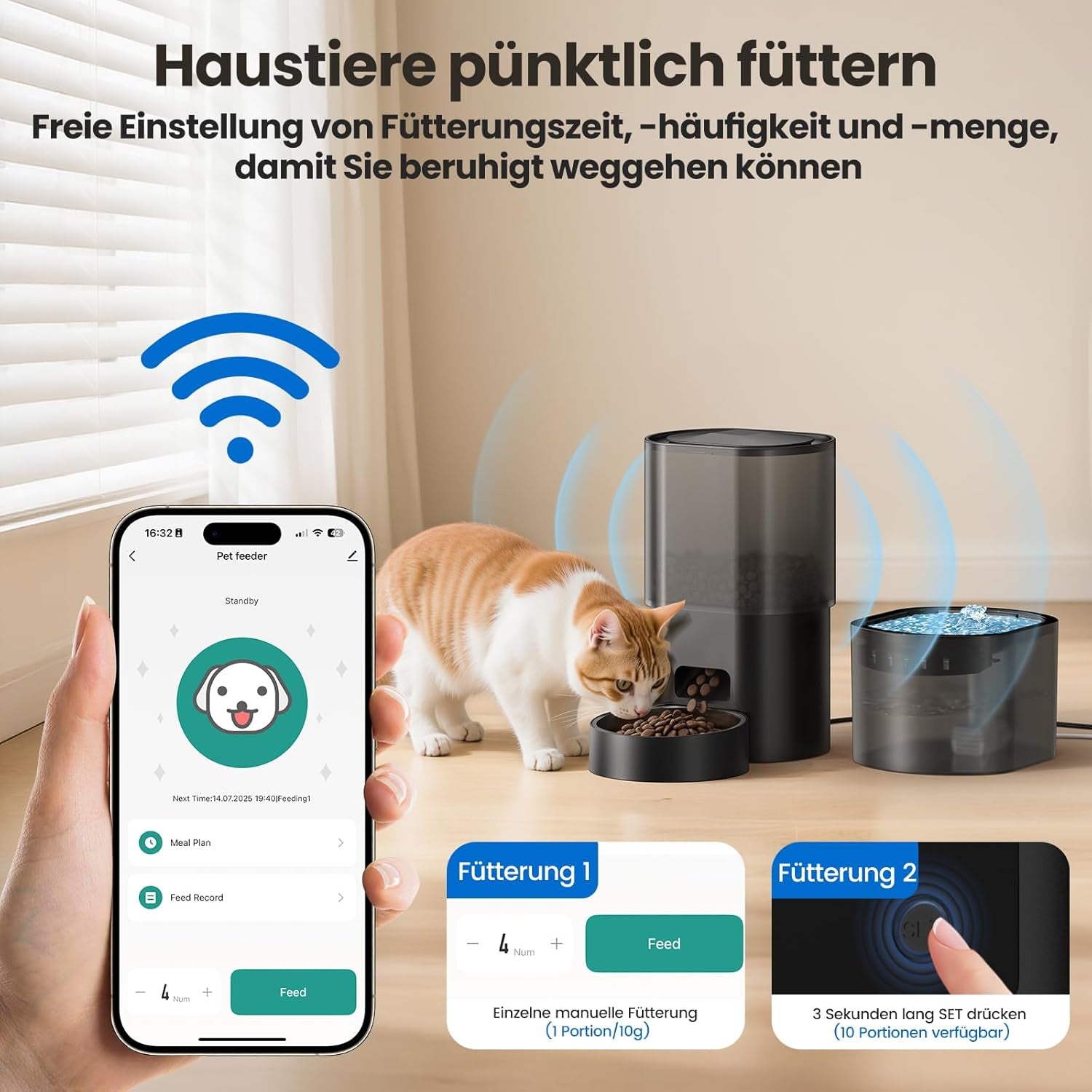 3L Automatischer Katzenfutterspender 2.5L Katzenbrunnen-Set, geräuscharmes App-steuertees Fernfütterungsgerät mit 10 Mahlzeiten per Tag, Anti-Verstopfungs-Design, ideal für Katzen & Welpen