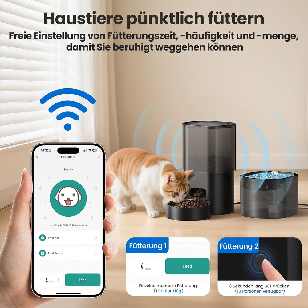 3L Automatischer Katzenfutterspender 2.5L Katzenbrunnen-Set, geräuscharmes App-steuertees Fernfütterungsgerät mit 10 Mahlzeiten per Tag, Anti-Verstopfungs-Design, ideal für Katzen & Welpen