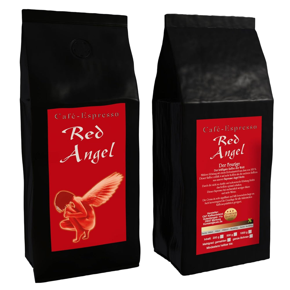 Cafea Espresso Red Angel - The Fiery One - 200g măcinată grosier - pentru cafetiere French Press - Espresso Premium puternic - Aciditate scăzută - Prăjită ușor și proaspăt