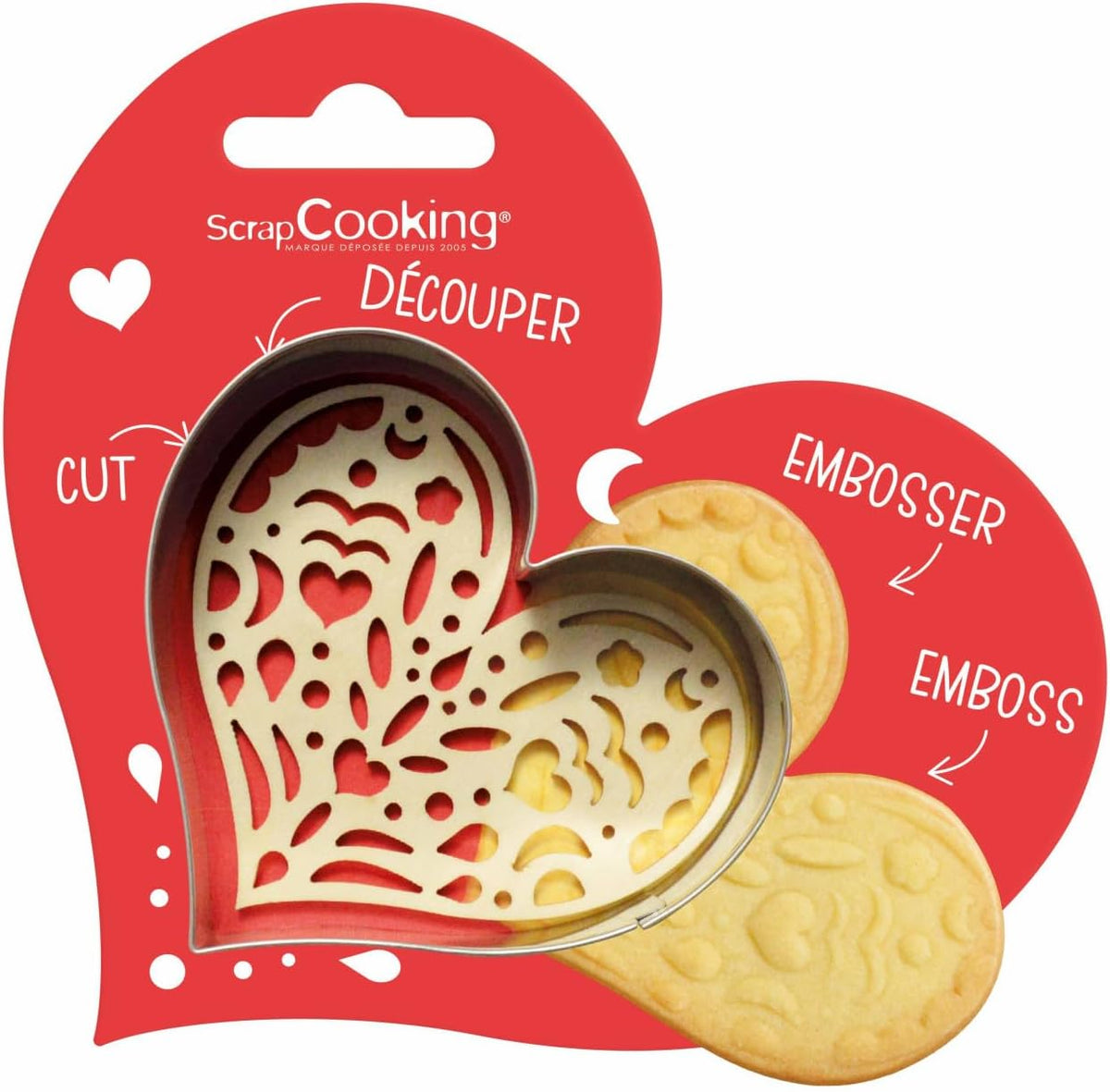 ScrapCooking - Herz Ausstecher & Stempel Set - Ausstecher für Plätzchen, Kekse, Fondant - Edelstahl Ausstecher & Holz Stempel - Backform Zubehör Valentinstag Ostern Geburstag Deko - 2095