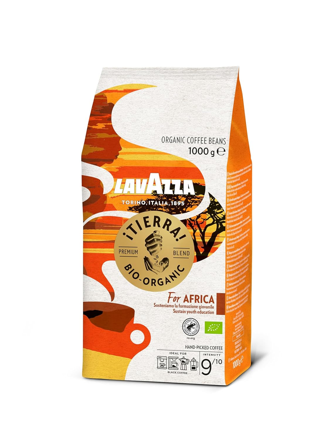 Lavazza, Tierra for Africa, 100% boabe de cafea organică, Ideal pentru espressoare, Aromă puternică și corpolentă, Intensitate 9/10, Arome de nuci, Prăjire medie Cafea Naty Shop