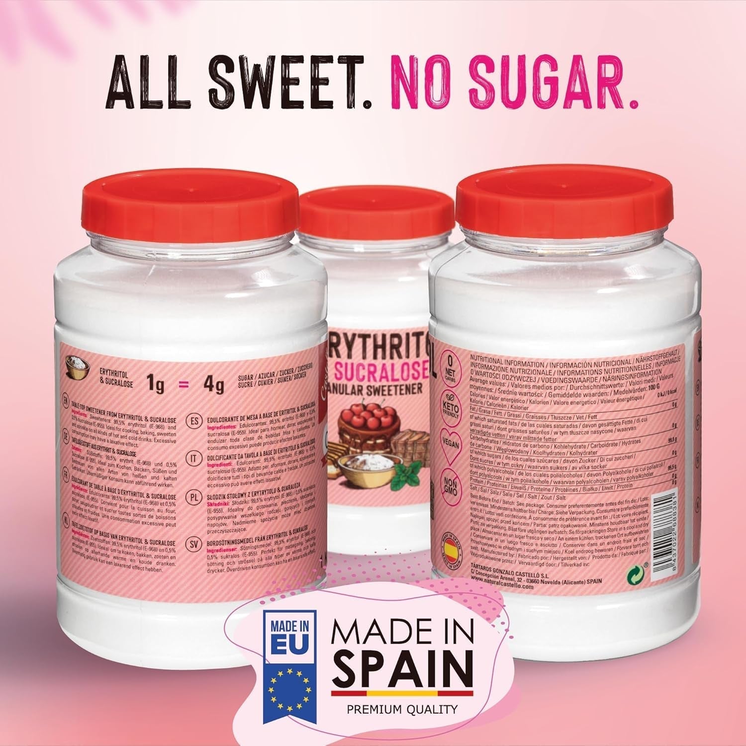 Erythritol + Sucralose 1:4 Süßstoff | 1G = 4G Zucker | 0 Netto-Kohlenhydrate - 0 Kalorien - 0 Glykämischer Index - Keto - Kein GVO - Castello since 1907 - 1 Kg Sweeteners Naty Shop